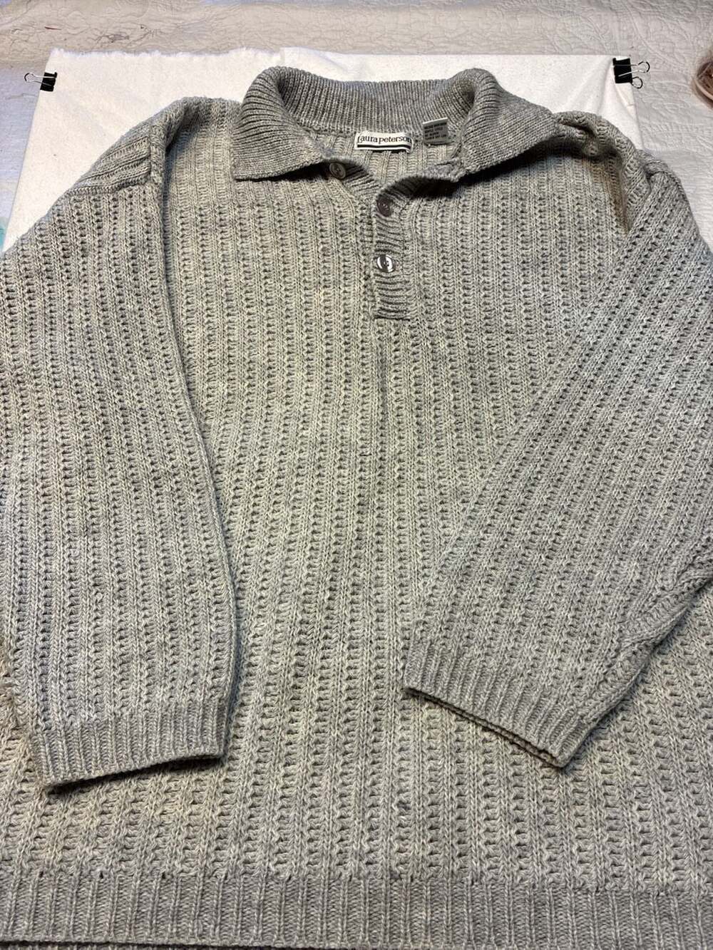 Laura Peterson Vintage Gray Ribbed Knit Polo Sweater Size L
